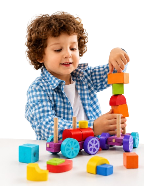 Child playing with colourful wooden blocks